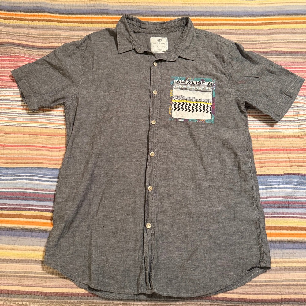 ON THE BYAS Mens Short Sleeve Button Up‎ Shirt Gray Patchwork Pocket Size L